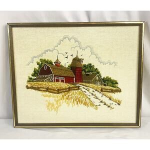 Vintage Handmade Framed Crewel Embroidery (Sunset Designs) Farm House Barns